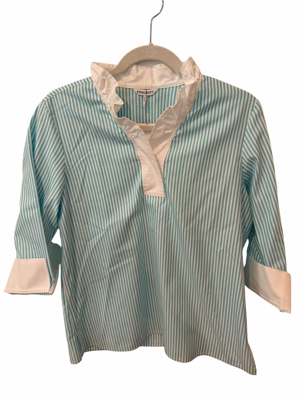 Foxcroft Turquoise White Striped Ruffle Collar 3/4 Sleeve Shirt Small Sample